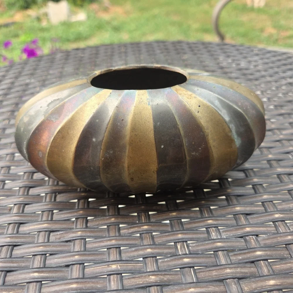 Vintage Handcrafted Brass Ribbed  Oval Slender Vase Bowl India Tri Color